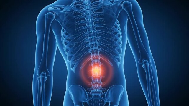 Human spine showing lower back pain and glowing bone inflammation