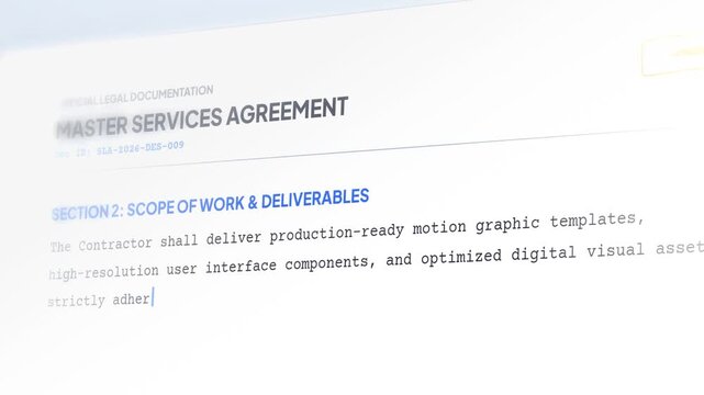 Master services agreement typing close up. Digital legal contract display. Corporate scope of work template. Official compliance deliverables screen. Online document editor UI. video 4k