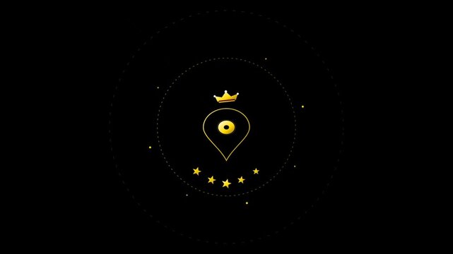 Location map pin animation gold luxury icon with crown and five stars on black background for branding
