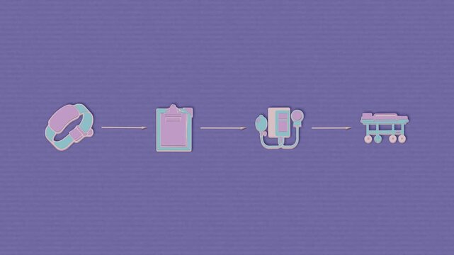 Patient intake proceeds from wristband identification and triage documentation to vital signs assessment and transfer onto a gurney. Flat 3D style with smooth matte surfaces.