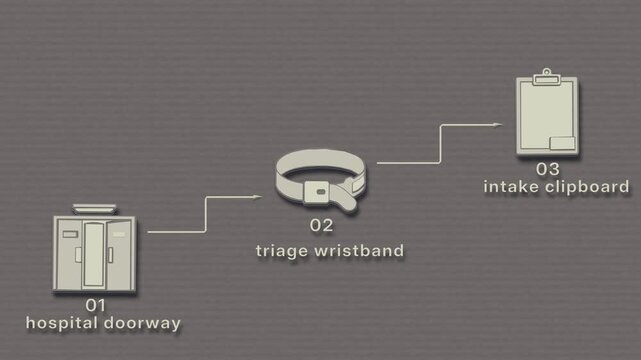 Patient admission follows a stepped progression from arrival through wristband identification and intake documentation toward bed placement. Flat 3D style with smooth matte surfaces; objects numbered