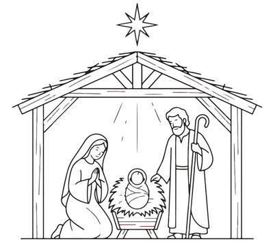 Nativity scene illustration with mary joseph and baby jesus in a wooden stable christmas story holy family religious holiday stable birth