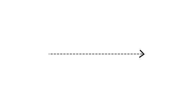 right arrow direction icon with dotted line animation on white background. dot arrows icon sign animated with alpha channel. Black straight arrows animation. Reveal animation of solid, dashed.