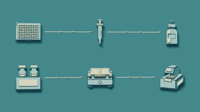 Assay preparation places samples and controls in microplate wells, adds reagent, mixes, and transfers the plate for measurement, with stages arranged in successive rows. Flat 3D style with smooth