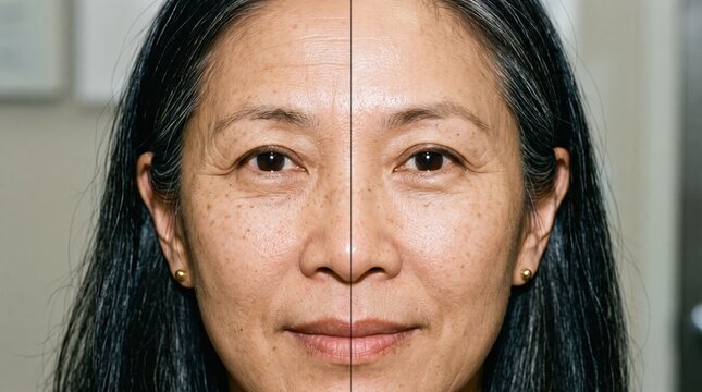 split face portrait of a mature Asian woman comparing natural signs of aging with smoother facial skin
