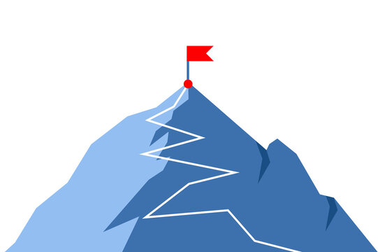 Blue mountain peak with zigzag path and red flag for strategy and milestone achievement on transparent background.