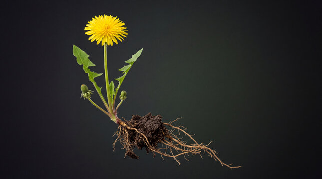 Uprooted dandelion plant with yellow flower, green leaves, flower buds, soil and exposed roots isolated against a dark studio background with natural structure