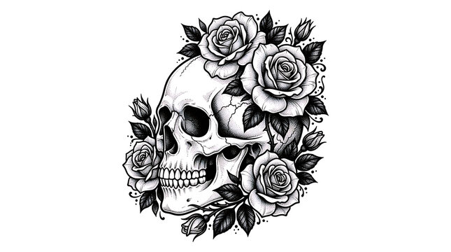 Human skull and roses illustration for tattoo design isolated on transparent background