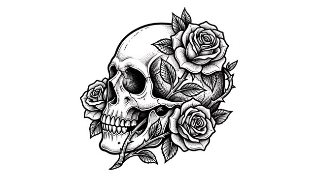 Human skull surrounded by blooming roses and thorns in vintage tattoo engraving style