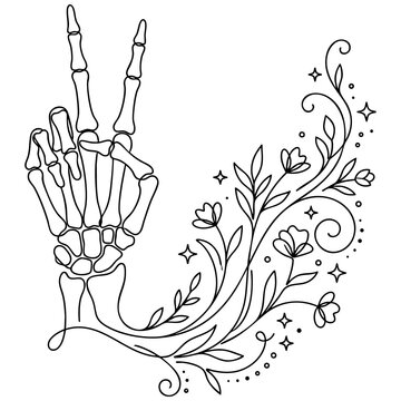 Skeleton hand making peace sign vector illustration embellished with floral branches leaves and sparkling stars skeleton illustration