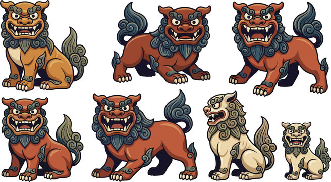 Traditional Japanese Komainu and Okinawan Shisa Guardian Lion Statue Vector Set with Mythical Foo Dog Characters for Asian Culture Graphic Designs
