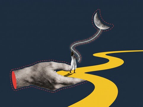 Woman Walking Path Toward Moon Hand Surreal Concept Photo - surreal path, moon concept, giant hand illustration, yellow road, woman walking, dream journey, crescent moon, imagination concept, fantasy