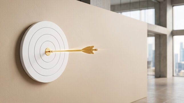 Gold arrow hitting the exact center of a white target on a beige wall inside a modern office building