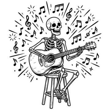 Happy skeleton playing acoustic guitar seated on a stool surrounded by musical notes and starburst vector illustration with skeleton, musician