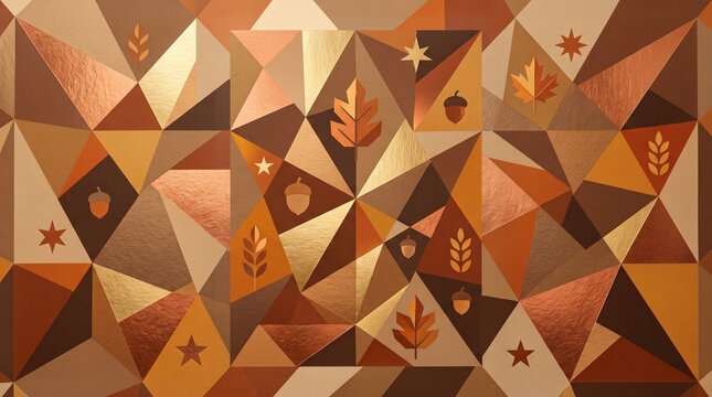 Geometric autumn pattern with metallic copper foil. Abstract fall background with leaves and acorns. Warm brown mosaic texture.