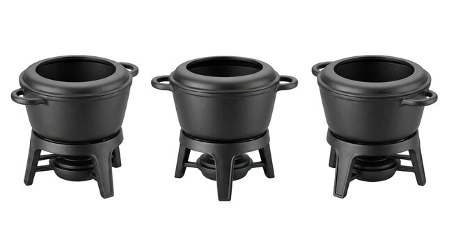 Cast iron fondue pots set of 3 views, mockup isolated on transparent background