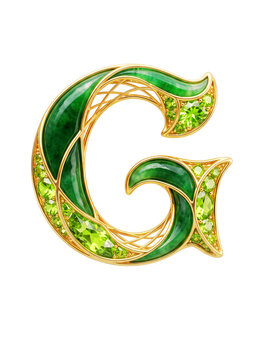 Luxury emerald gemstone letter G with gold and diamond frame, green crystal alphabet typography isolated on white background
