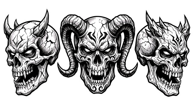 Three demon skulls with horns and fangs isolated on transparent background for tattoo design
