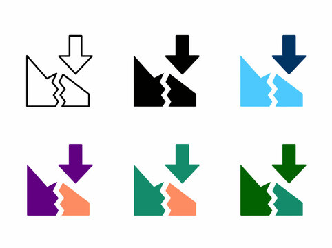 Down arrow and broken surface icon set illustrating damage with destabilize disaster earthquake