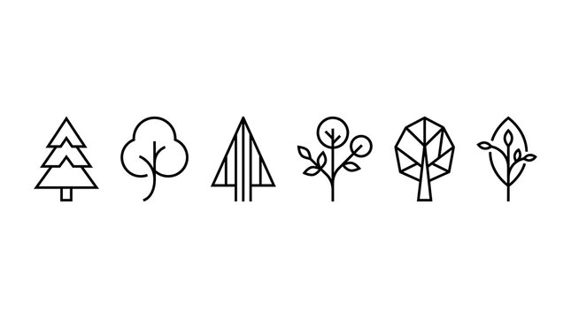 Set of six minimalist tree icons for environmental branding and website interface design