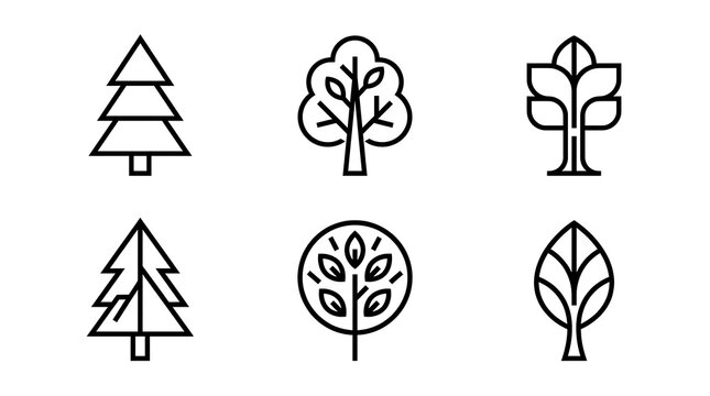 Minimalist black line tree icon set for eco friendly branding and environmental graphic design