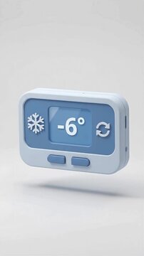3D illustration of a modern digital thermostat device displaying sub-zero temperature with snowflake icon on a white background