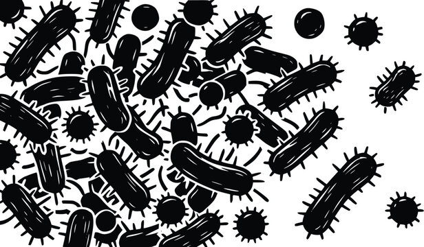 Bacteria illustration featuring black and white microorganisms depicting various germs and viruses for medical research and science design project concepts
