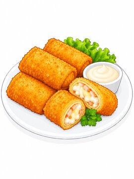 Indonesian Risol Mayo Crispy Fried Rolls with Creamy Savory Filling, 3D Flat Vector Food Illustration
