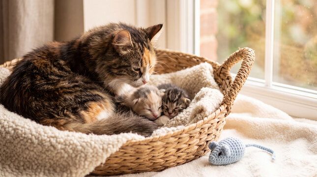 Mother cat cuddling two sleepy kittens in a cozy wicker basket by a sunny window, tender feline family bonding in a warm home setting, with a soft knitted toy nearby