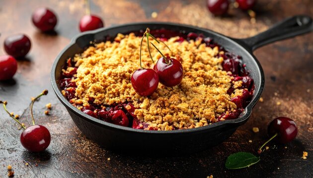 Homemade cherry crumble dessert served in a cast iron skillet with fresh ripe cherries on top