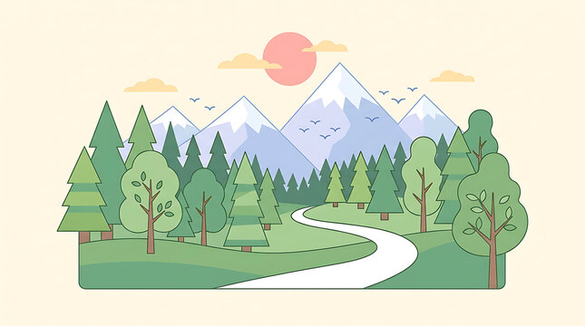 Flat illustration of a winding forest path leading to snowy mountains under a sunset sky
