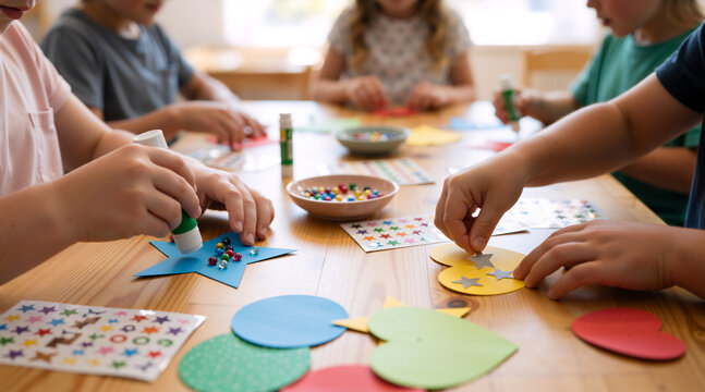 Children hands making arts and crafts at table. Kids gluing beads onto paper shapes. Learning and DIY activity concept