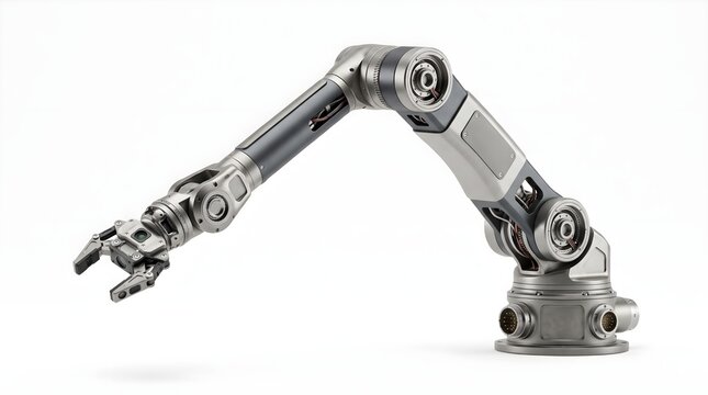Industrial robotic arm isolated on white background, modern automated manufacturing technology