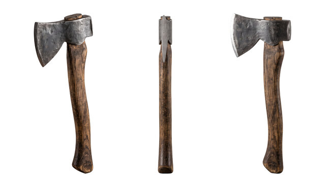 Rustic wood-chopping axes showing 3 perspectives, mockup isolated on transparent background