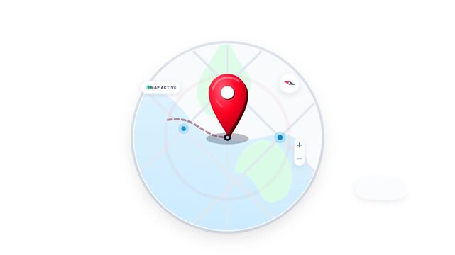 GPS map navigation animation with red pin location marker on city street guide and digital interface icons