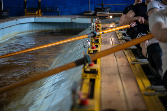 Male rowers pull wooden oars beside indoor training pool using fixed machines. Firm grips and repeated movement require muscular strength, sustained effort and endurance during team practice. Closeup