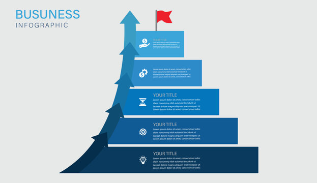 Modern mountain success infographic template featuring a four step business growth journey, strategic planning process, achievement milestones, upward arrows, and peak accomplishment concept. Ideal fo
