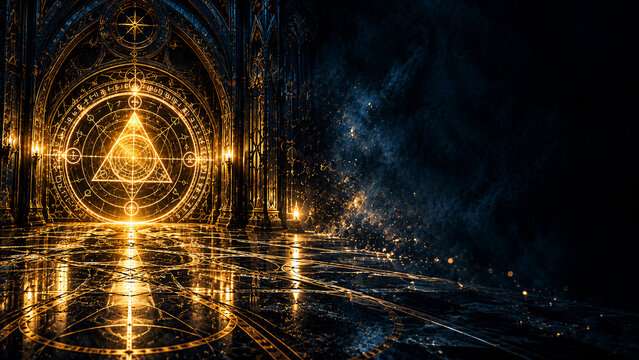 Glowing golden magic portal in dark fantasy setting