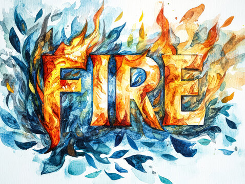 A dynamic watercolor illustration featuring the word 'FIRE' with vivid flames and swirling blue elements, creating a striking visual contrast.