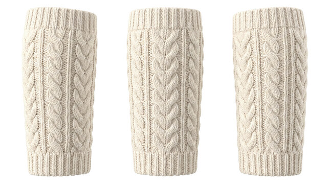 Knit wool leg warmers from 3 angles, clothing mockup isolated on transparent background