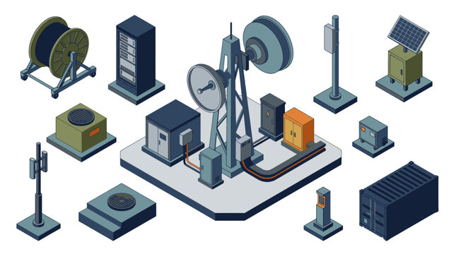 Sleek Isometric of Modern Network Infrastructure and Data Center Equipment with Solar Panel with high quality professional line art symbols for modern creative design and digital branding projects