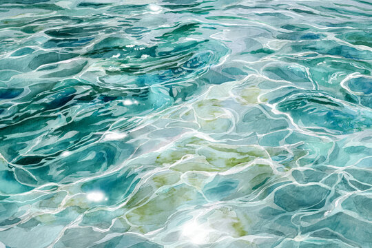 Abstract watercolor illustration depicting ocean waves with varying shades of blue and green, capturing the fluidity and movement of water.