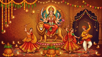 Fototapeta premium Goddess durga idol with people performing garba dance