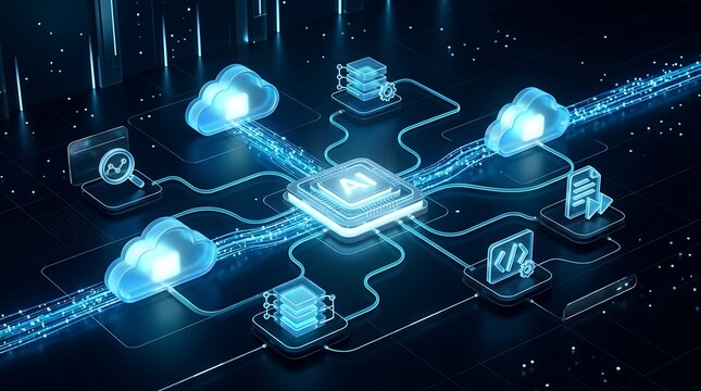 Digital cpu processor chip with cloud computing network and data connection icons on dark background