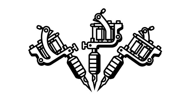 Tattoo machines arranged symmetrically in a retro cartoon line art style for parlor branding.