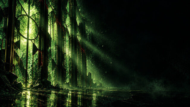 Mystical green stained glass background with copy space