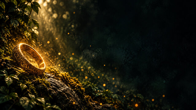 Glowing ancient golden ring in mystical forest
