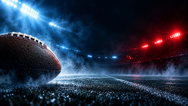American football on field with dramatic stadium lights