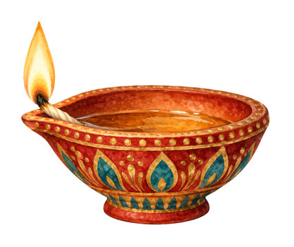 Traditional indian diya oil lamp with burning flame on transparent background. Decorated red clay lamp with gold ornaments as symbol of Diwali festival.