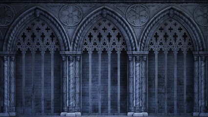 Obraz premium Abandoned night castle with a large gothic window or crypt